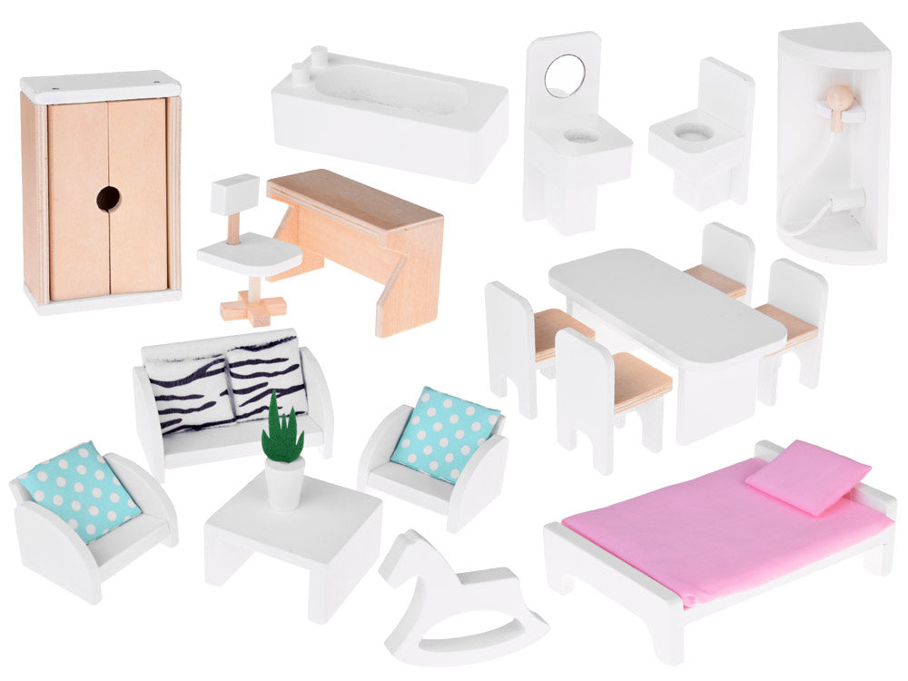 Medinis lėlių namelis su baseinu, liftu, baldais ir LED šviesa