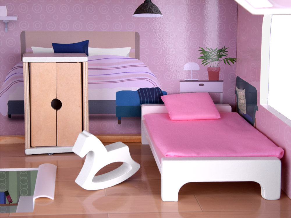 Medinis lėlių namelis su baseinu, liftu, baldais ir LED šviesa