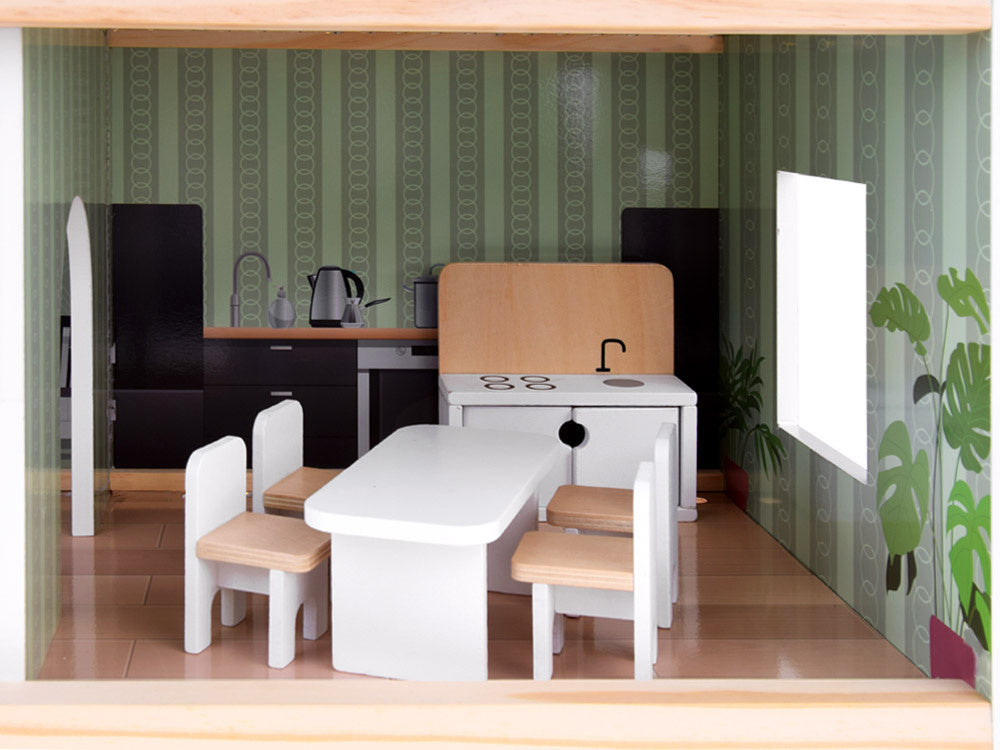 Medinis lėlių namelis su baseinu, liftu, baldais ir LED šviesa