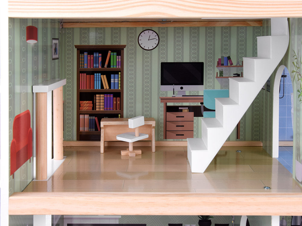 Medinis lėlių namelis su baseinu, liftu, baldais ir LED šviesa