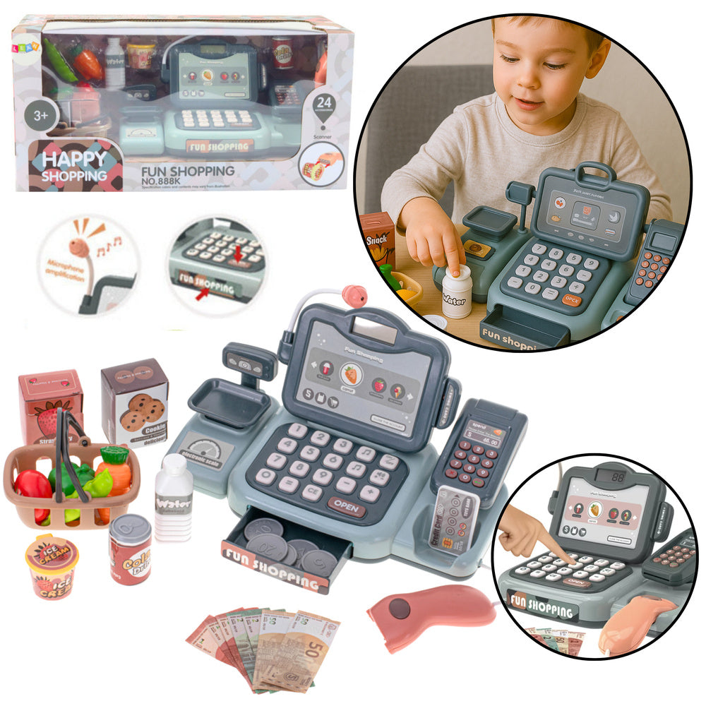 Žaislinis kasos aparatas su skaitytuvu ir krepšeliu 24 el.