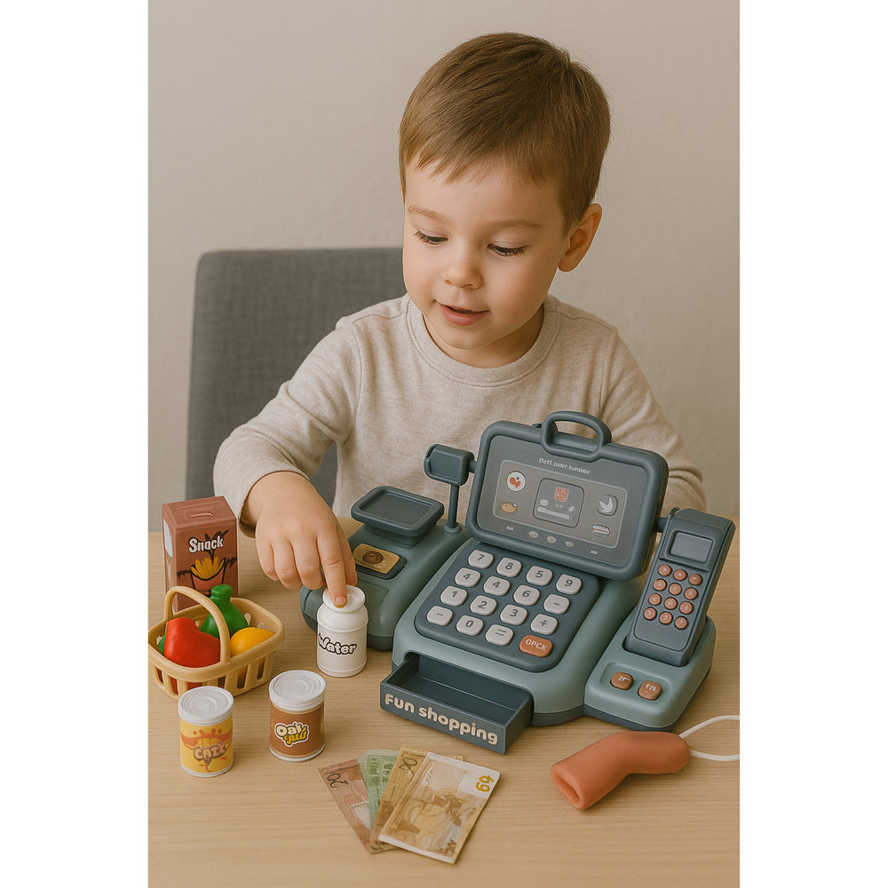Žaislinis kasos aparatas su skaitytuvu ir krepšeliu 24 el.