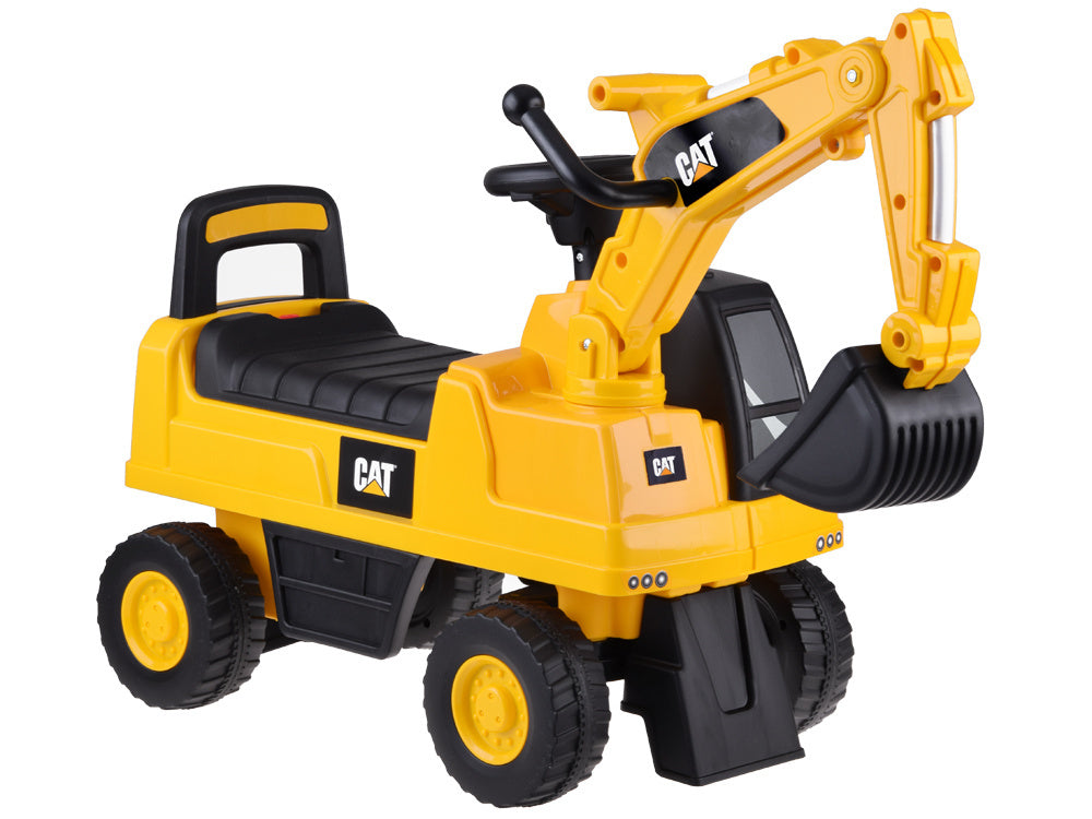 Žaislinis CAT ekskavatorius su judančiu kaušu, geltonas