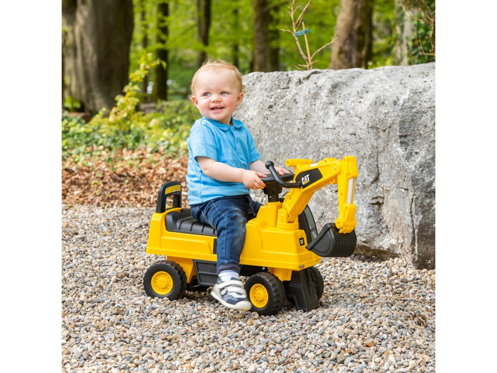 Žaislinis CAT ekskavatorius su judančiu kaušu, geltonas