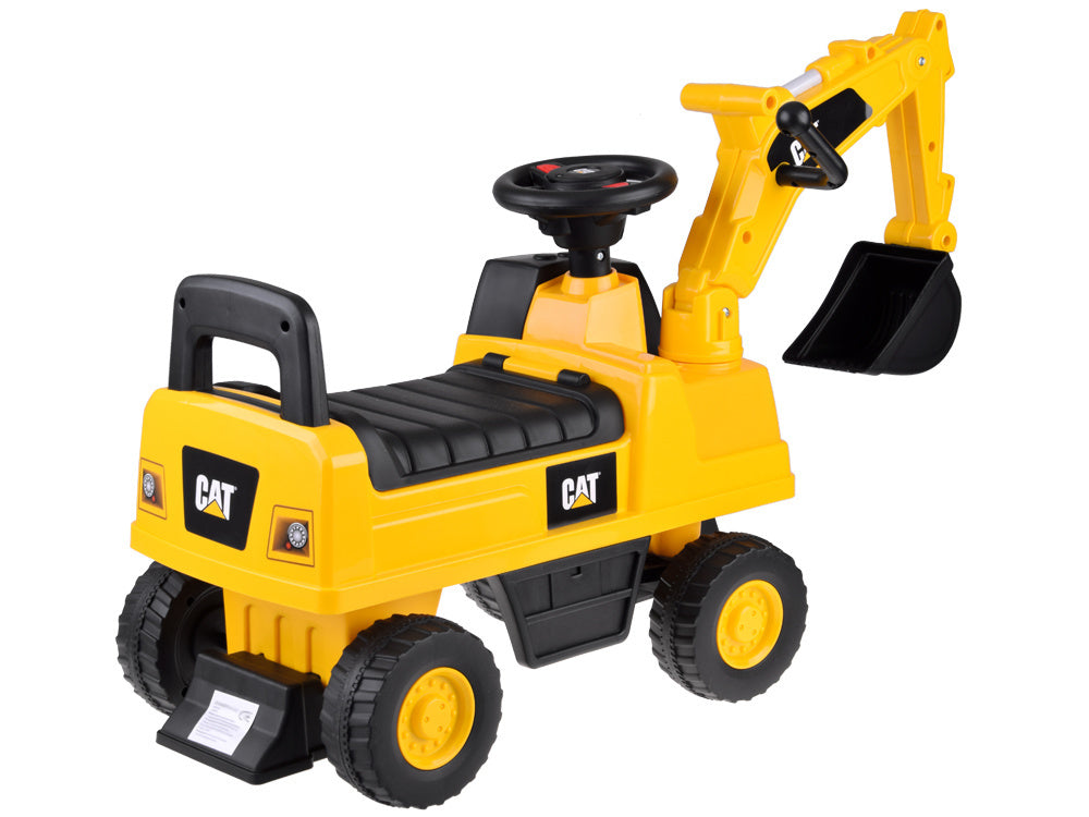 Žaislinis CAT ekskavatorius su judančiu kaušu, geltonas