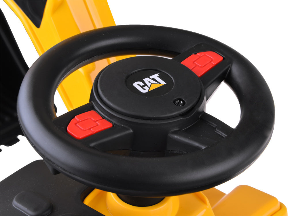 Žaislinis CAT ekskavatorius su judančiu kaušu, geltonas