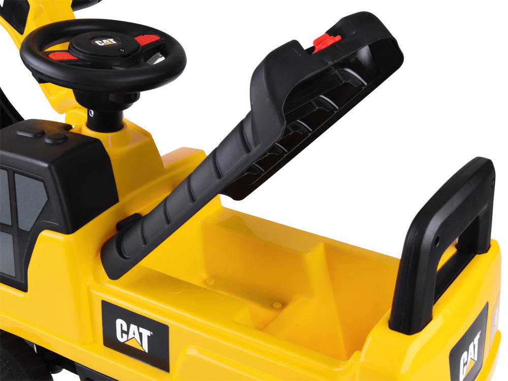 Žaislinis CAT ekskavatorius su judančiu kaušu, geltonas