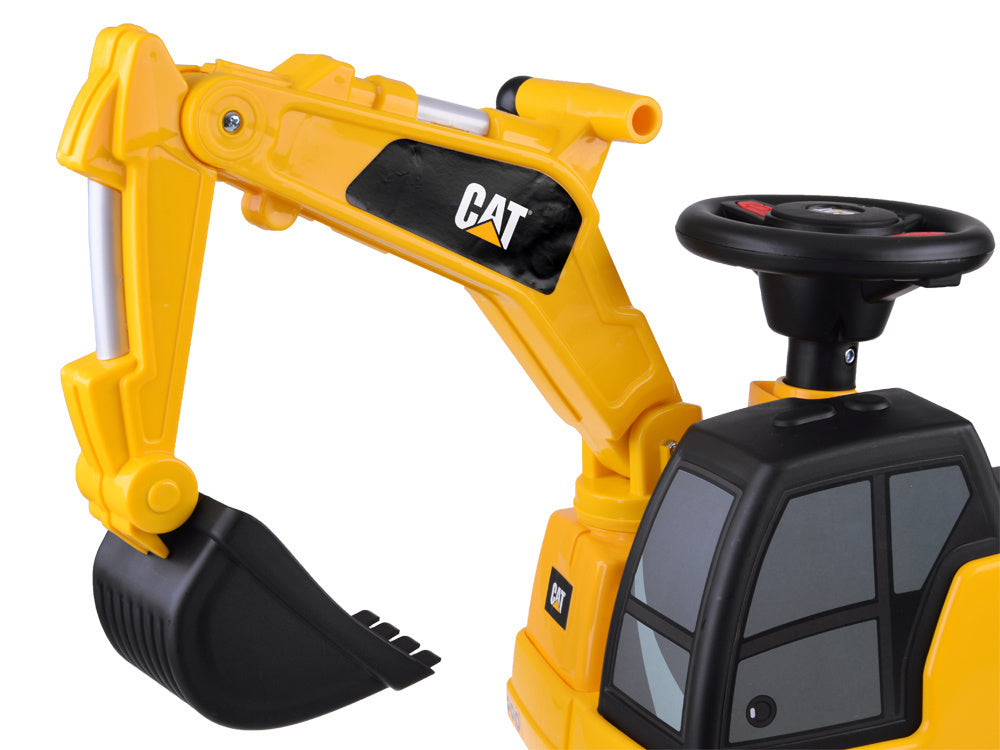 Žaislinis CAT ekskavatorius su judančiu kaušu, geltonas