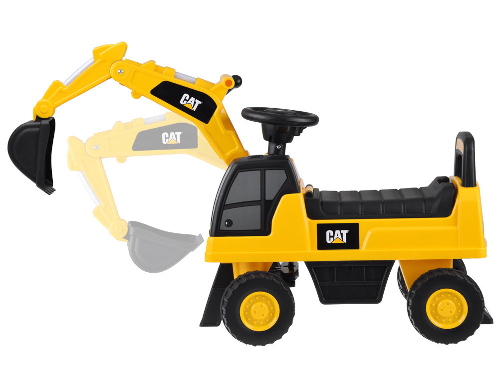 Žaislinis CAT ekskavatorius su judančiu kaušu, geltonas