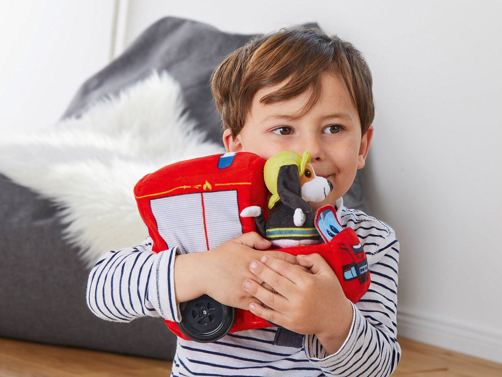 Nuotoliniu būdu valdomas minkštas gaisrinis automobilis su garso efektais, raudonas