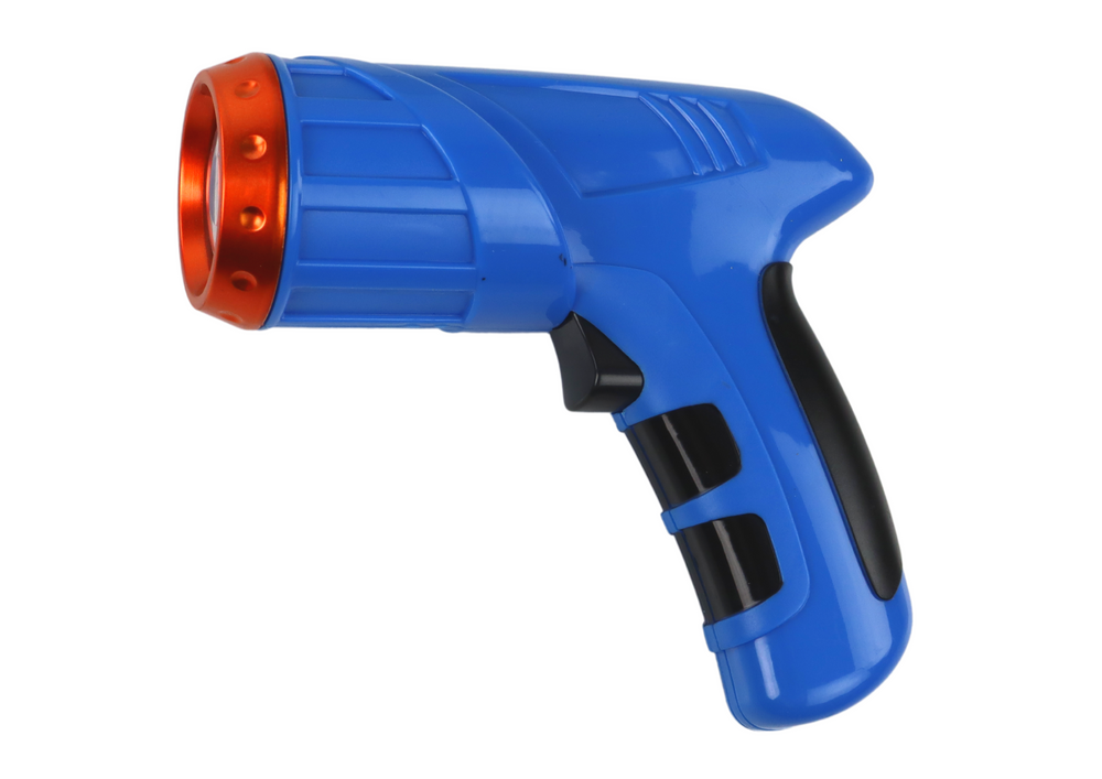 Lazeriu valdomas sportinis automobilis važiuojantis sienomis ir lubomis, mėlynas