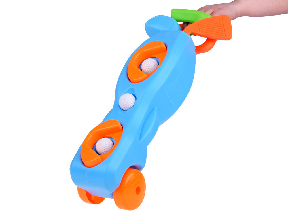 Mini golfo rinkinys su stovas ant ratukų ir priedais vaikams, mėlynas