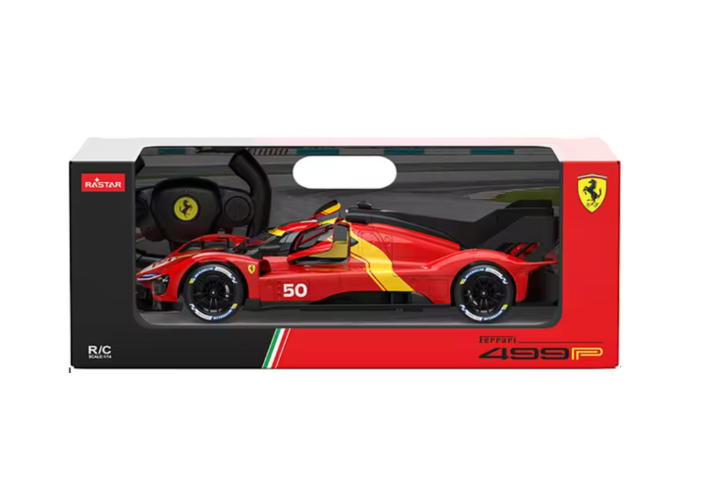 Nuotoliniu būdu valdomas sportinis Ferrari 499P automobilis, raudonas