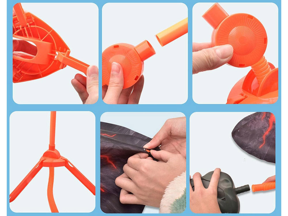 Raketų paleidimo ugnikalnis su šviesos efektais, dinozauras