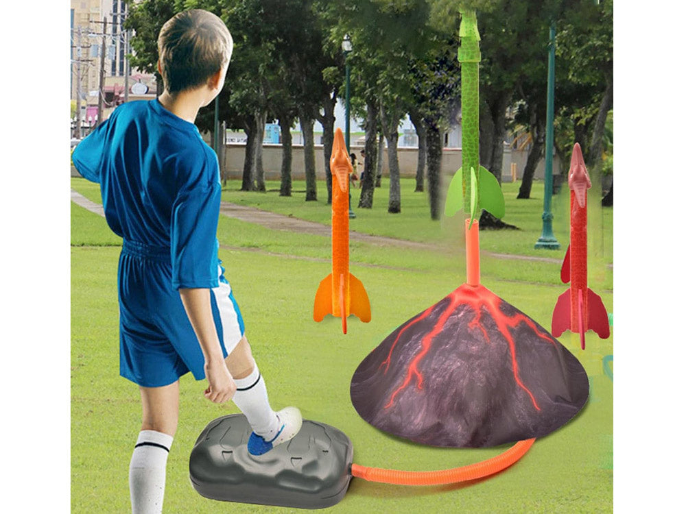 Raketų paleidimo ugnikalnis su šviesos efektais, dinozauras