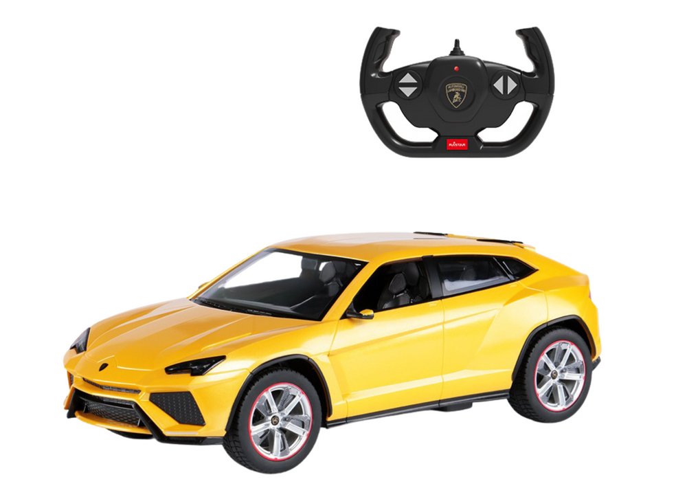 Nuotoliniu būdu valdomas Lamborghini Urus automobilis, geltonas