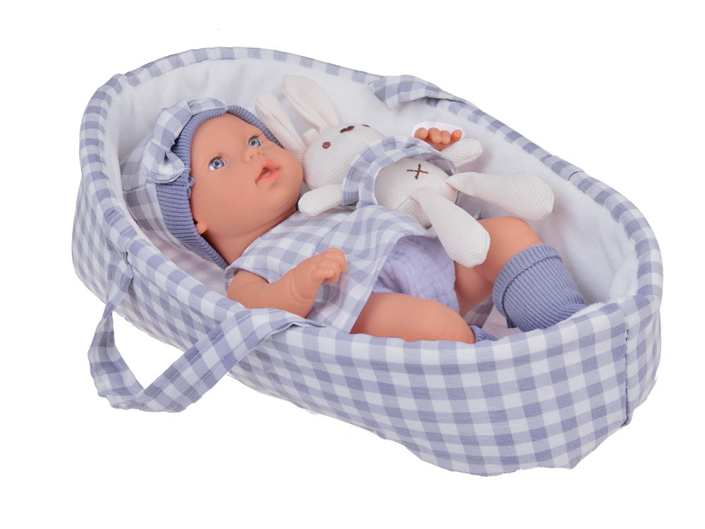 Lėlė kūdikis su gultuku ir triušeliu, violetinis