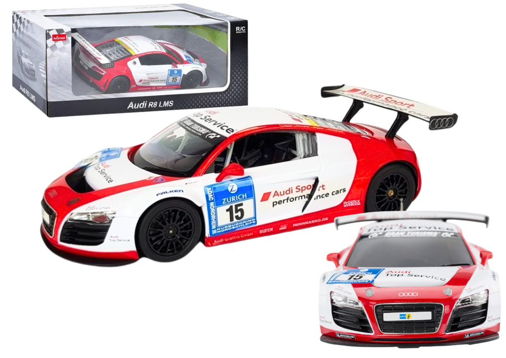 Nuotoliniu būdu valdomas sportinis AUDI R8 LMS automobilis, baltai raudonas
