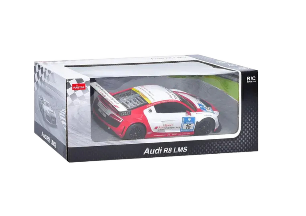 Nuotoliniu būdu valdomas sportinis AUDI R8 LMS automobilis, baltai raudonas
