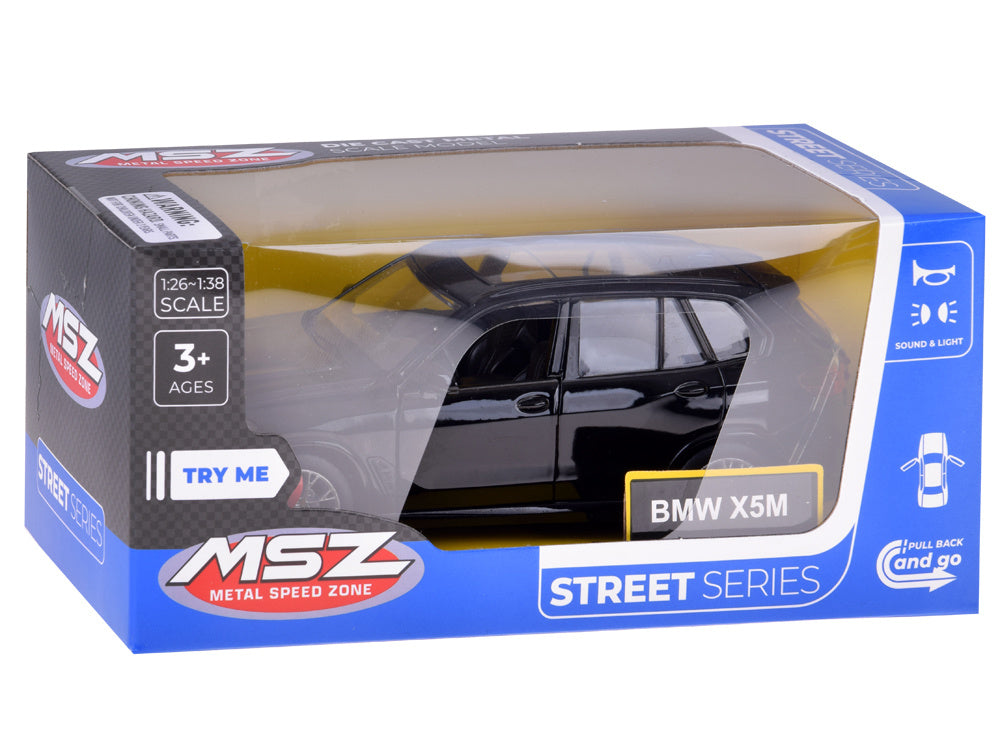 Metalinis automobilio BMW X5M modelis su šviesos ir garso efektais, juodas