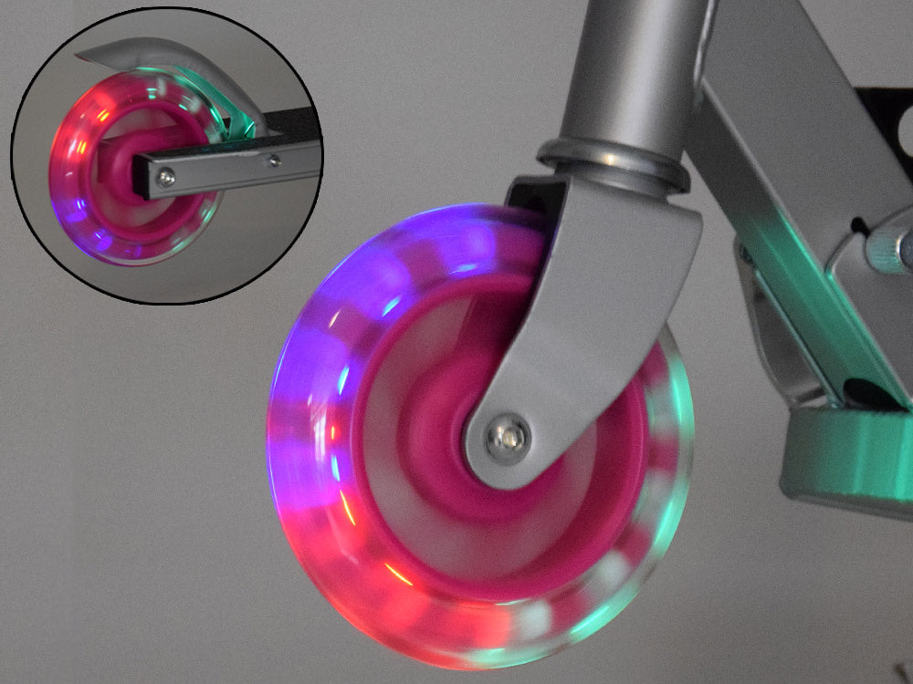 Sulankstomas paspirtukas su šviečiančiais ratais, rožinis