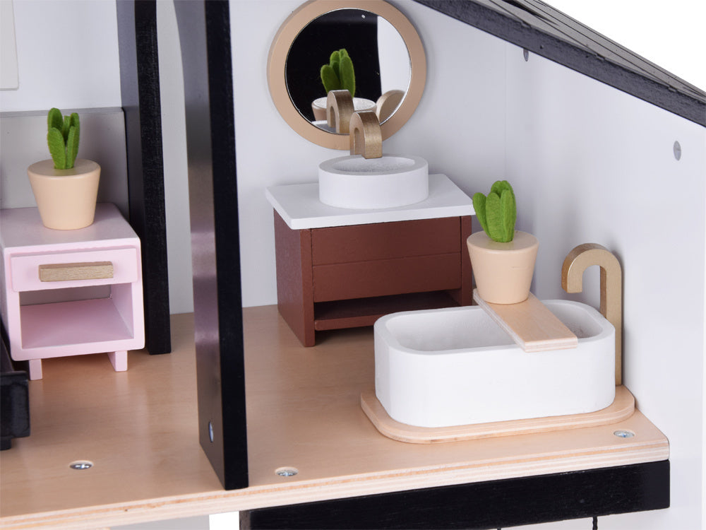 Modernus medinis LOFT stiliaus lėlių namelis su priedais