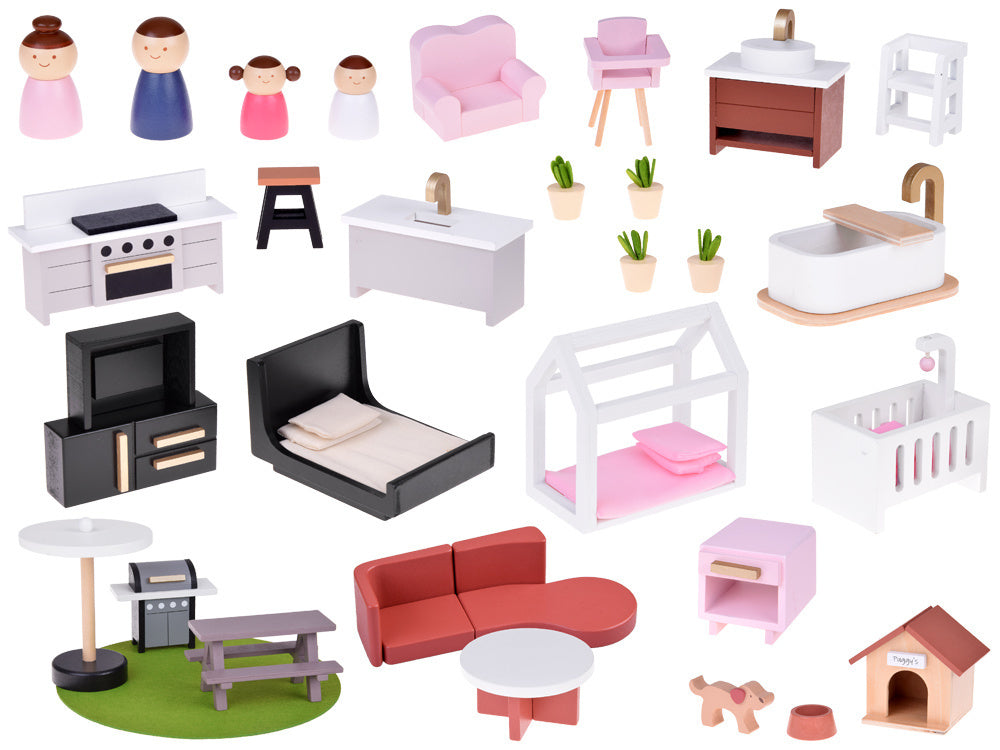 Modernus medinis LOFT stiliaus lėlių namelis su priedais