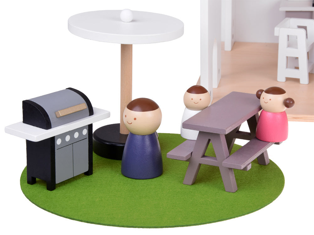 Modernus medinis LOFT stiliaus lėlių namelis su priedais