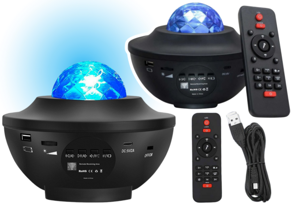 LED žvaigždžių projektorius su garsiakalbiu ir „Bluetooth“, juodas