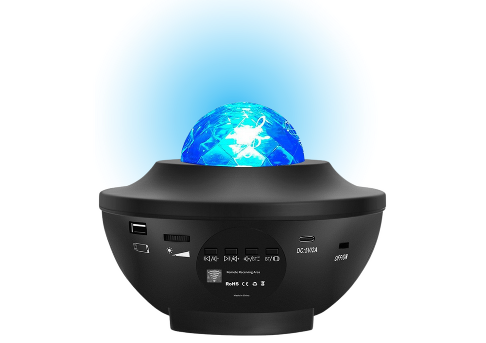 LED žvaigždžių projektorius su garsiakalbiu ir „Bluetooth“, juodas