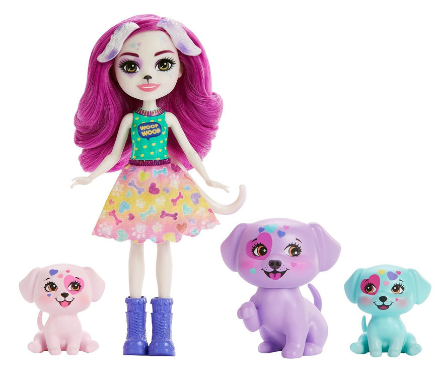 Dalmatinų lėlė „Enchantimals Dessa“ su žavinga šuniukų šeima