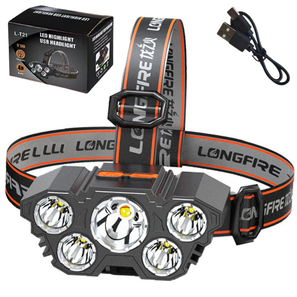 Priekinis LED žibintas su reguliuojamu dirželiu ir 5 šviesos diodais