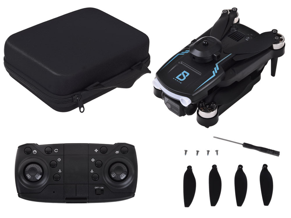 Nuotoliniu būdu valdomas dronas su kamera ir dėklu, juodas