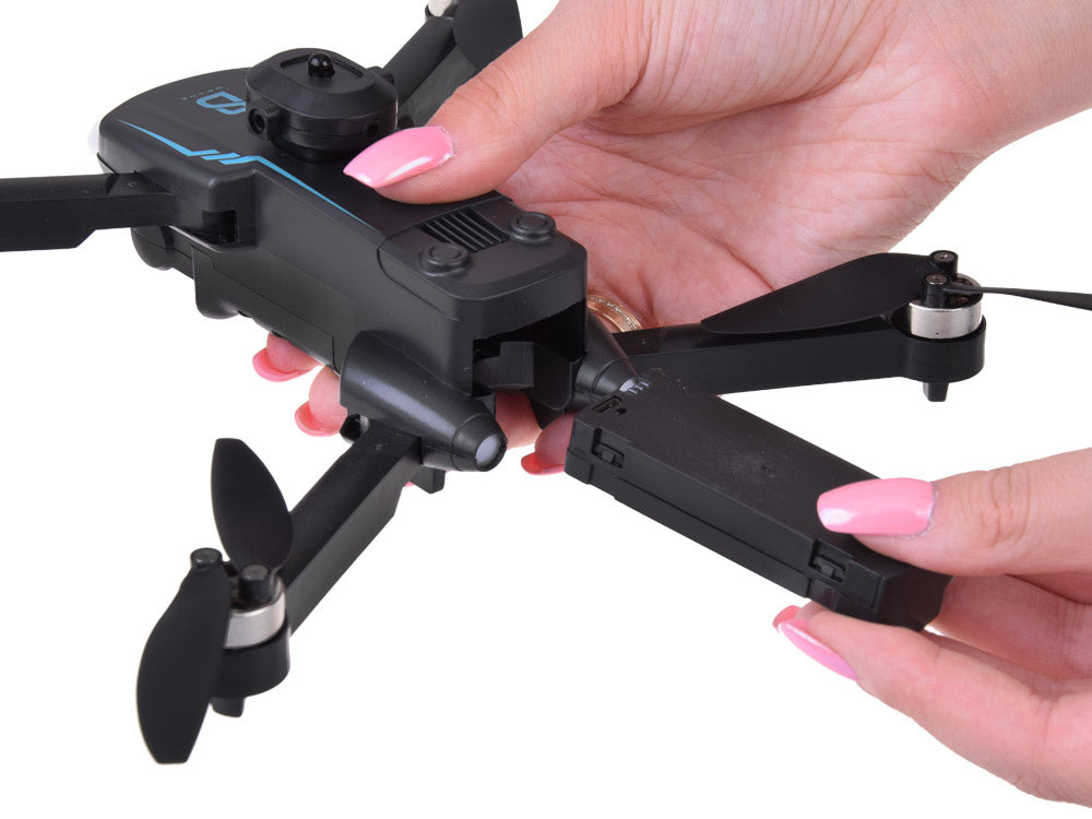 Nuotoliniu būdu valdomas dronas su kamera ir dėklu, juodas