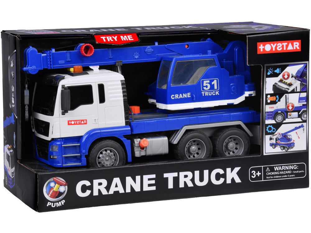 Besisukantis statybinis kranas vaikams su judančia ranka, mėlynas