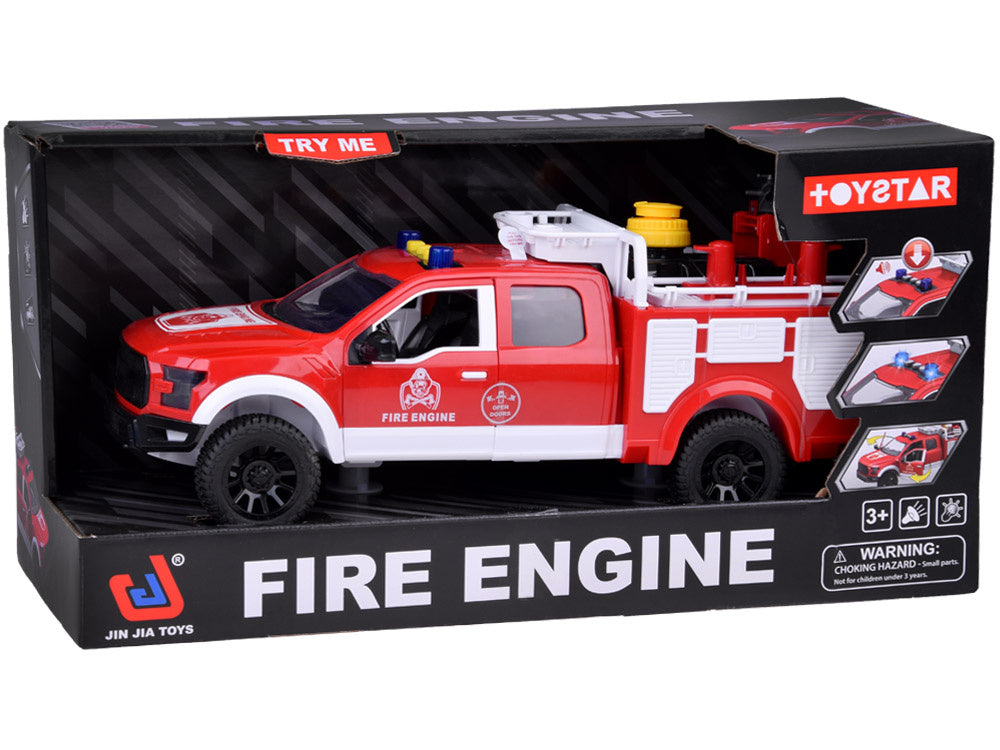 Žaislinis ugniagesių automobilis su vandens žarna, garso ir šviesos efektais