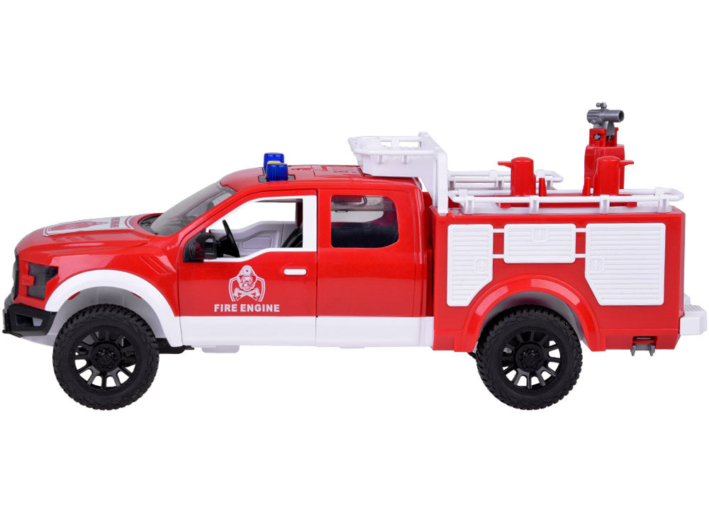 Žaislinis ugniagesių automobilis su vandens žarna, garso ir šviesos efektais