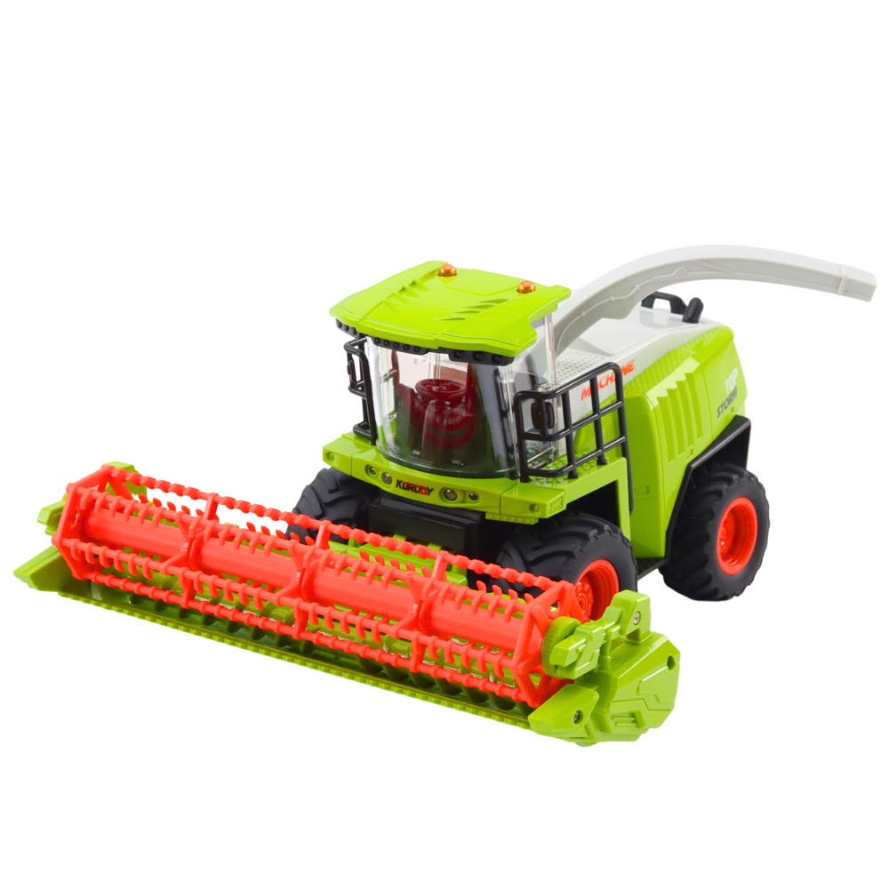 Nuotoliniu būdu valdomas kombainas su grūdų rinktuvu, žalias