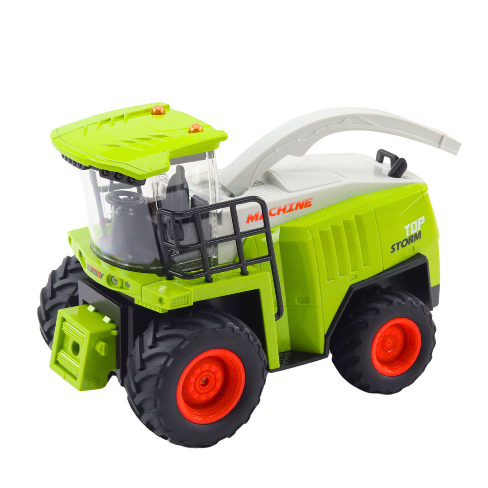 Nuotoliniu būdu valdomas kombainas su grūdų rinktuvu, žalias