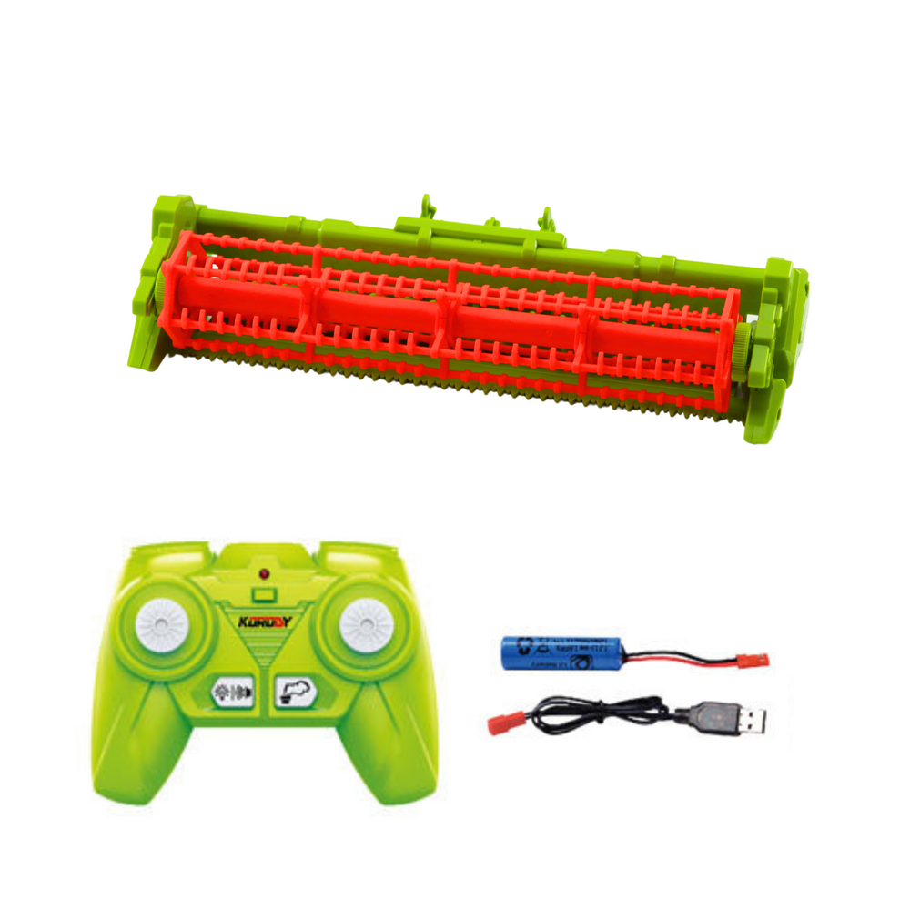 Nuotoliniu būdu valdomas kombainas su grūdų rinktuvu, žalias