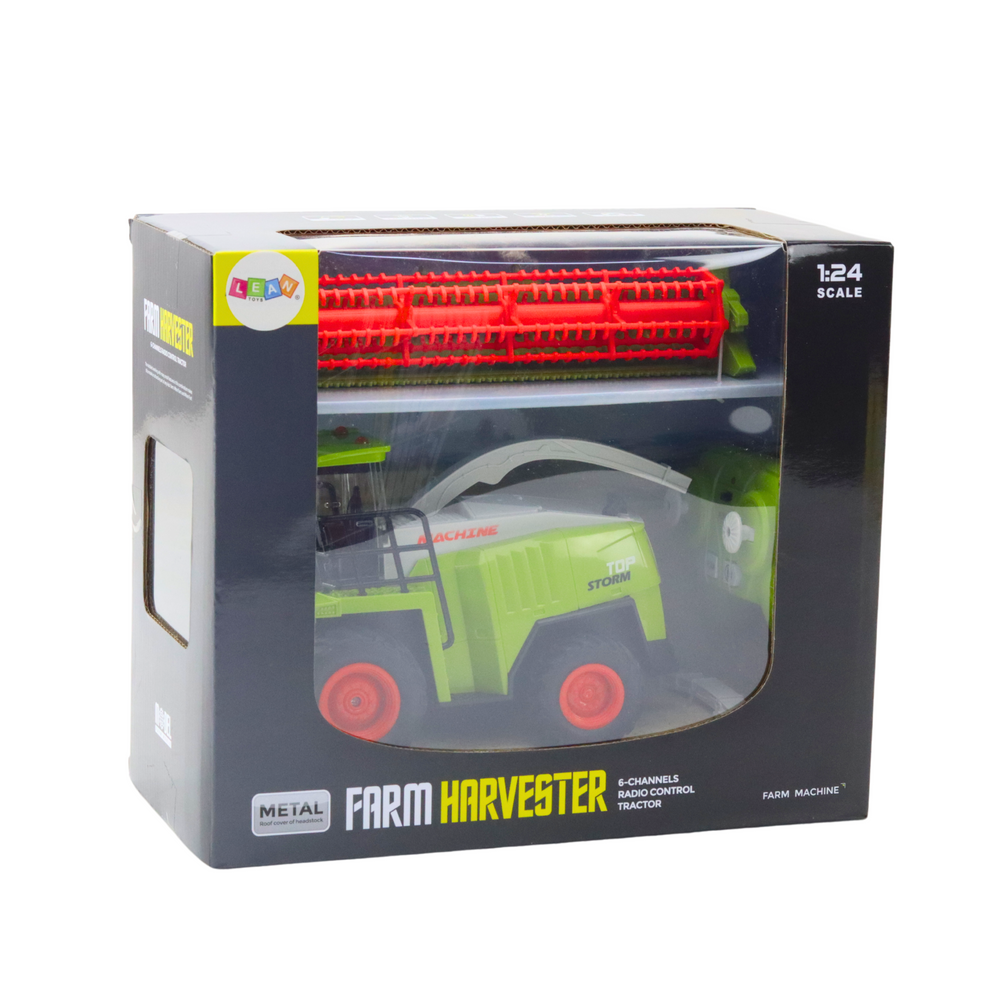 Nuotoliniu būdu valdomas kombainas su grūdų rinktuvu, žalias