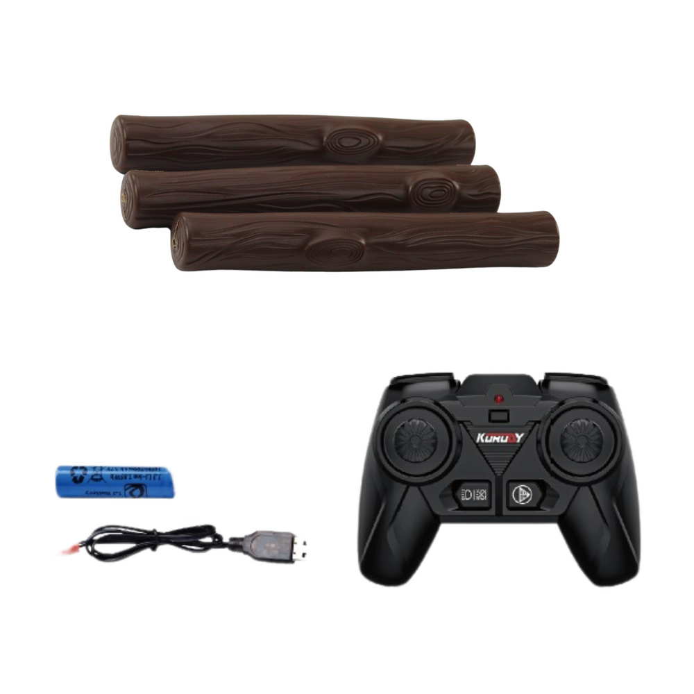 Nuotoliniu būdu valdomas traktorius su priekaba ir griebtuvu