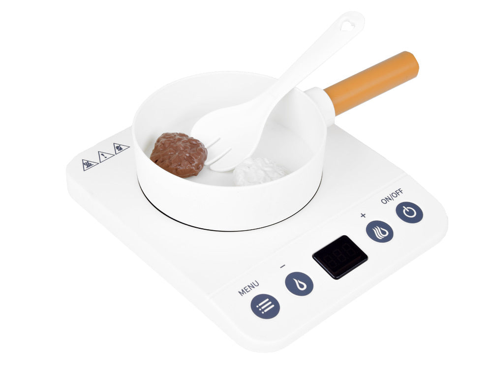 Žaislinė indukcinė viryklė su puodų, lėkščių, daržovių pjaustymo rinkiniu