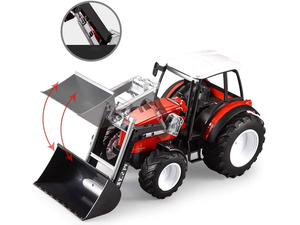 Didelis traktorius su judančia ranka ir dideliais ratais, raudonas