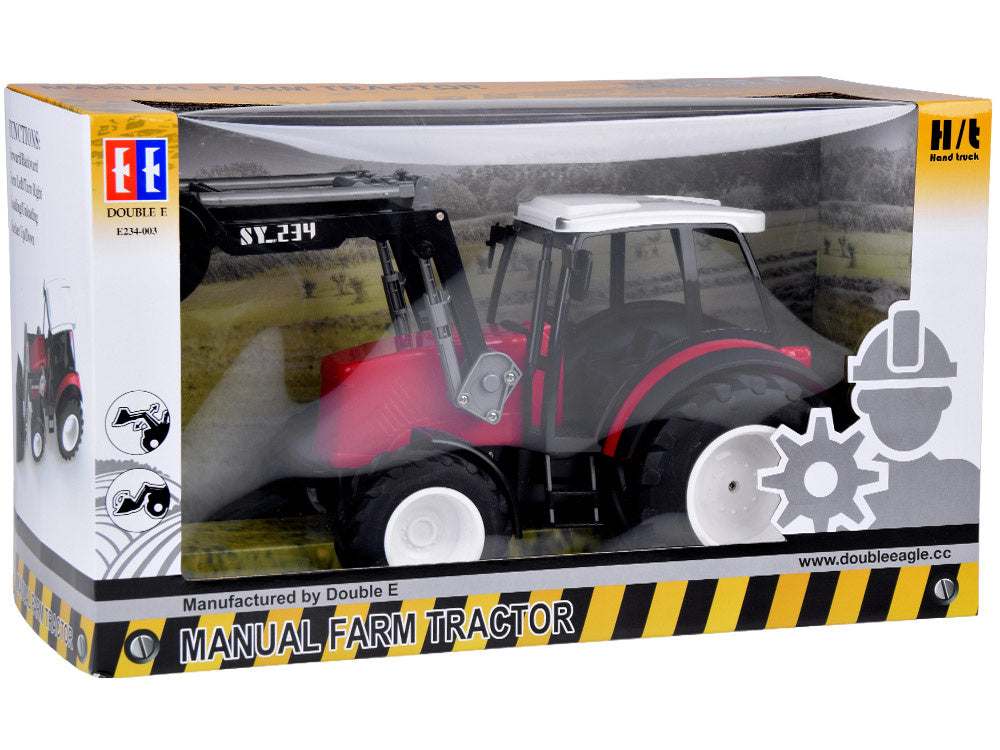 Didelis traktorius su judančia ranka ir dideliais ratais, raudonas