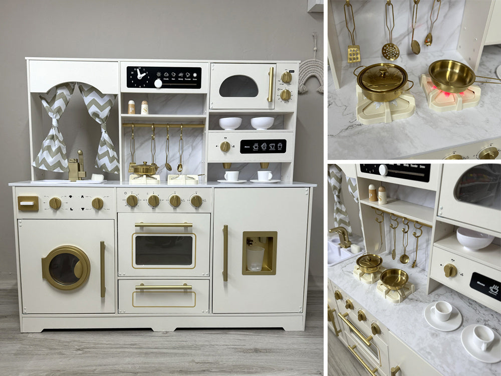 Didelė medinė Glamour stiliaus virtuvė vaikams su priedais