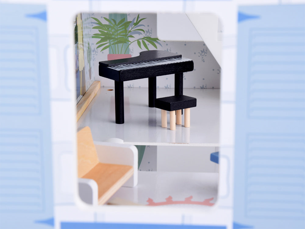 Medinis 3-jų aukštų lėlių namelis su baldais, mėlynas