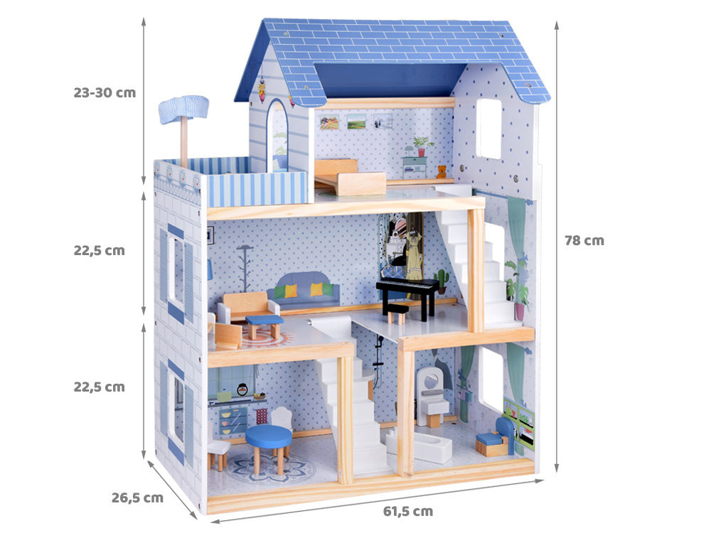 Medinis 3-jų aukštų lėlių namelis su baldais, mėlynas