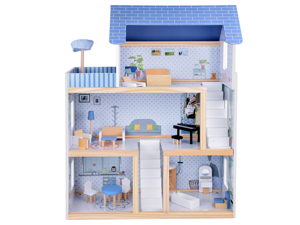 Medinis 3-jų aukštų lėlių namelis su baldais, mėlynas