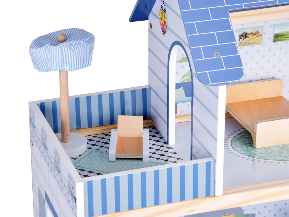 Medinis 3-jų aukštų lėlių namelis su baldais, mėlynas